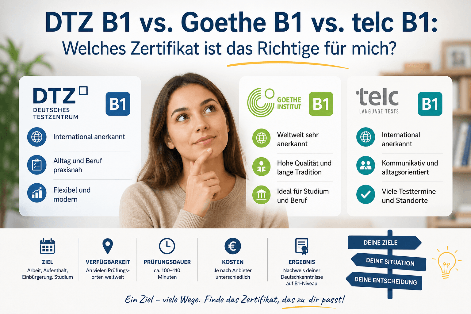 DTZ B1 vs. Goethe B1 vs. telc B1: Welches Zertifikat ist das Richtige für mich?