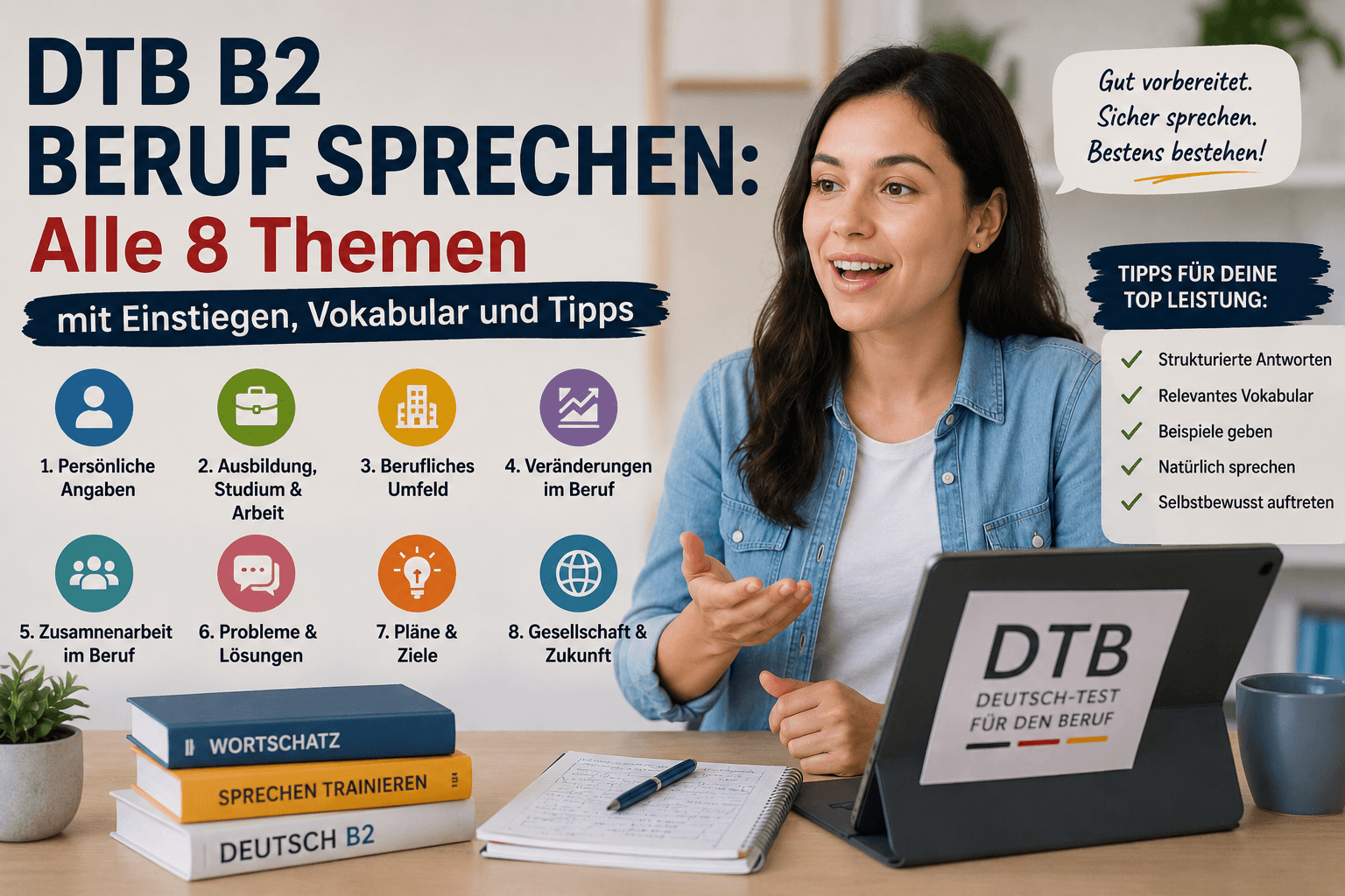 DTB B2 مهنة التحدث: جميع المواضيع الثمانية مع مقدّمات، مفردات ونصائح